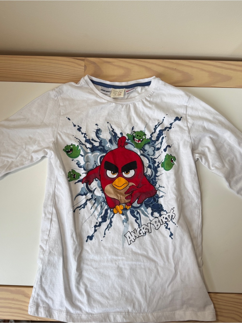 Zara Boys White Long Sleeve Tee with Red Angry Bird Graphic